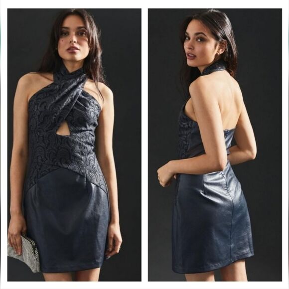 Eva Franco Dress NWT size 6 Navy Faux Leather Mini - Picture 1 of 9